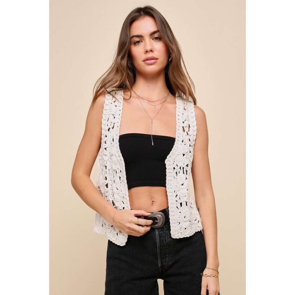 Lulus Boho Instinct Beige Crochet Open Front Vest - Size S